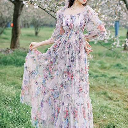 New French Floral Pink Square Collar Slim Fairy Dress Aestethic Summer Party Beach Dress Elegant Long Dresses Woman Clothes