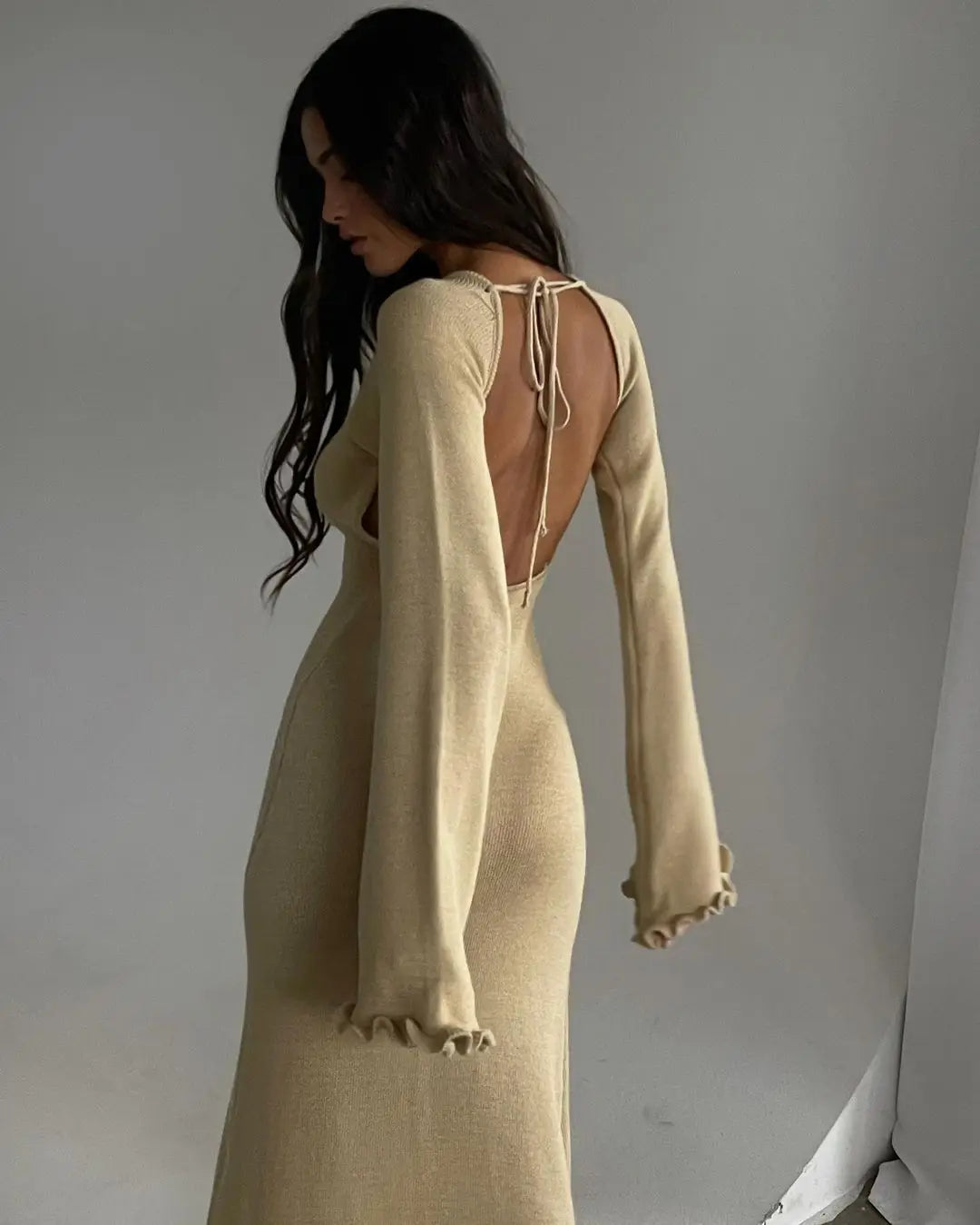 Elegant Knitted Sweater Maxi Dress Outfits for Women Flare Sleeve Sexy Backless Dresses Edible Tree Fungus Clothes