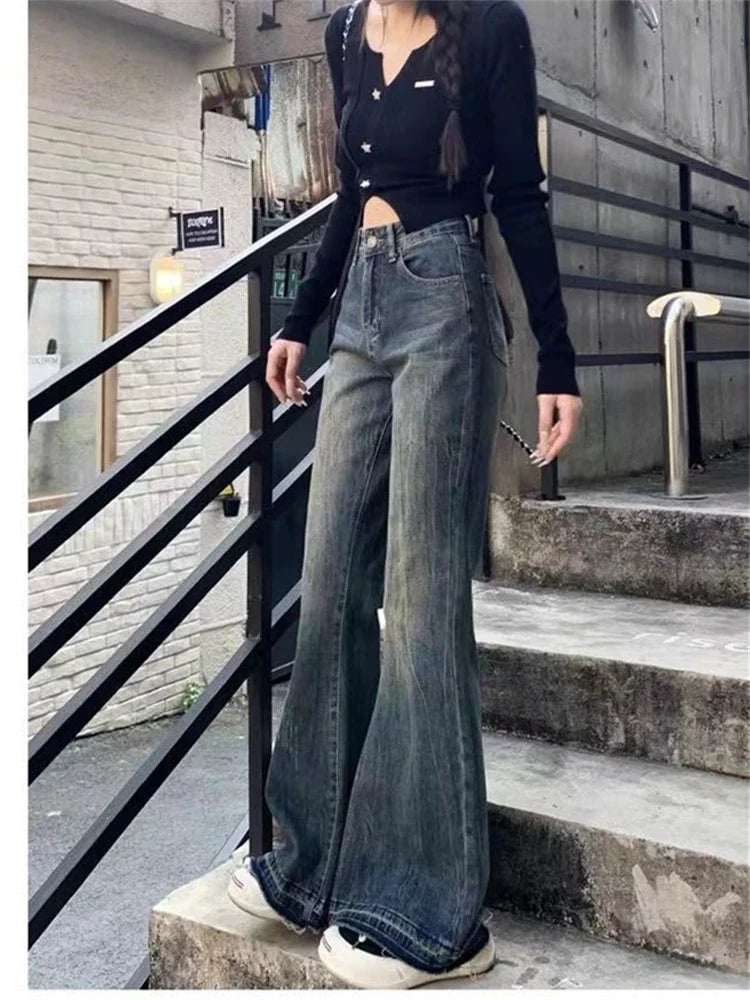 lovwvol Women's Retro Style Bell-bottom Jeans Jeans Cool Girl High Waisted Fashion Micro Flared Pants Female Straight Denim Trousers