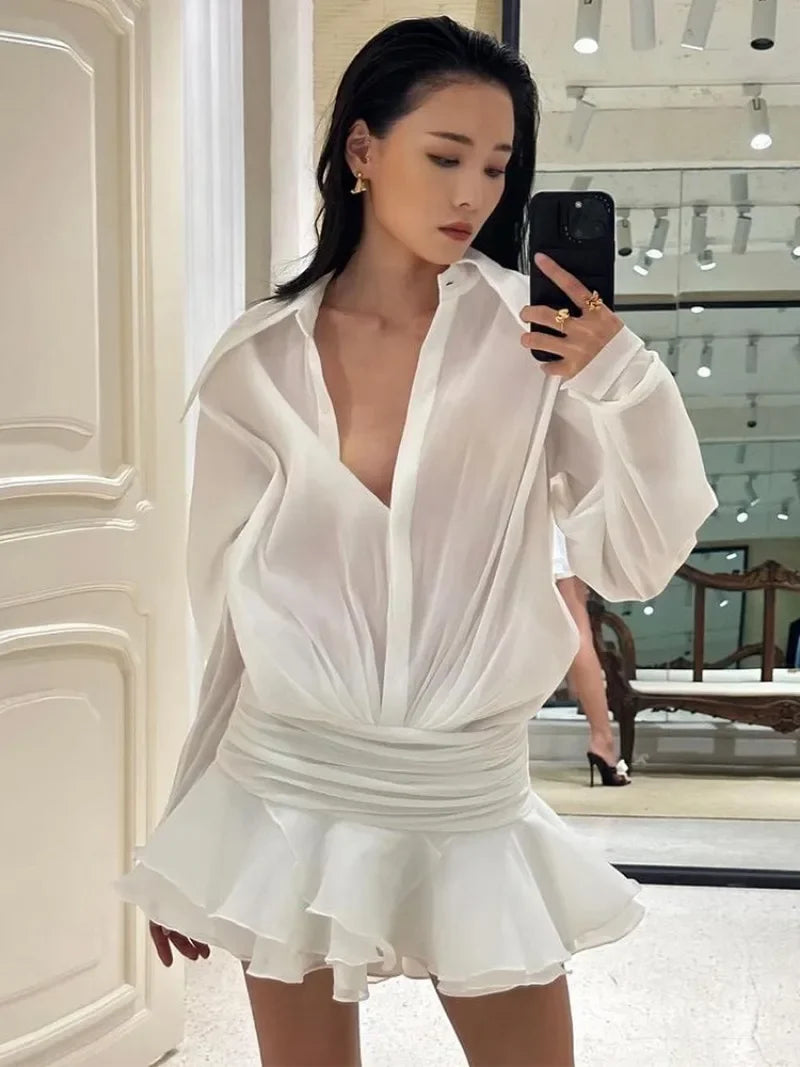 Fashion White Ruffled Mini Dress For Women Cardigan Patchwork See-Through Long Sleeve Sexy Night Club Party Dress Women's