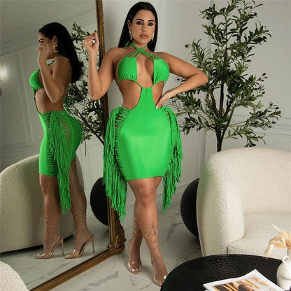 Night Out Party Club Dress Birthday Outfit Sexy Backless Halter Mini Fringe Dress Women Summer