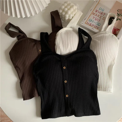 lovwvol Women Summer Elastic Tank Top Crop Camisole Sleeveless T Shirt Spaghetti Vest Knitted Camis Female Vest Tops White Black