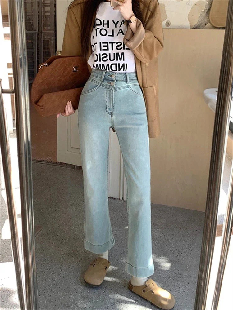 lovwvol Women's High Waisted Light Blue Micro Flared Jeans Young Girl Ankle-length Denim Trousers Vintage Bottoms Female Cropped Pants