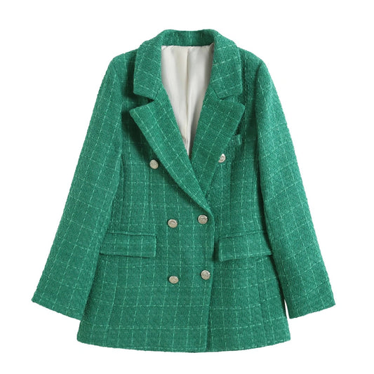 Women Fashion Double Breasted Houndstooth Blazer Coat Vintage Long Sleeve Flap Pockets Female Outerwear Chic Vestes