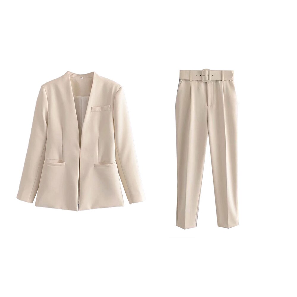 Women Fashion Two Pieces Sets Office Wear Blazers Coat And With Belt High Waist Pants Female