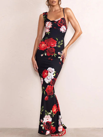 Sexy Spaghetti Strap Female Party Dress Summer Sleeveless V Neck Lace Patchwork Dress Women Floral Print Sheath Backless Dress