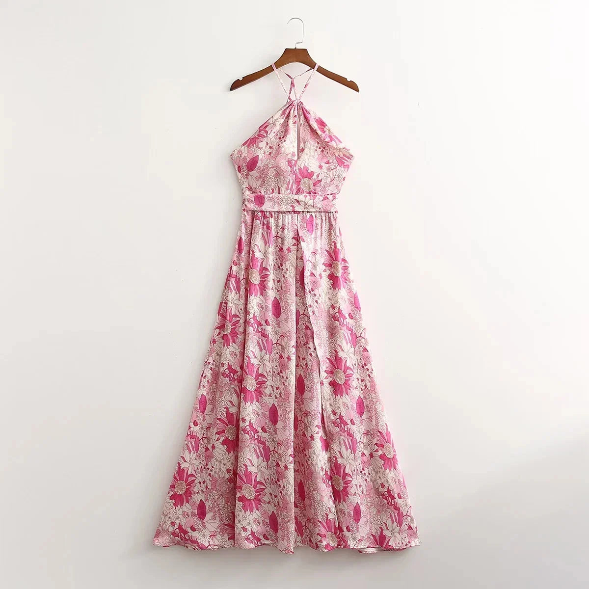 Casual Floral Boho Elegant French Dress Women Pink Flower Print Bohemian Beach Style Summer Mini Dress