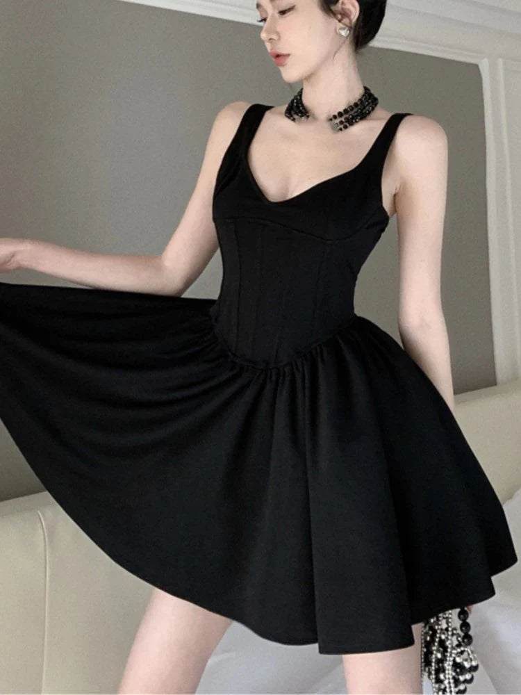 Y2K Black Short Dress Women Summer New Spaghetti Strap V-neck Slim A-line French Vintage Birthday Party Dresses Prom Vestidos