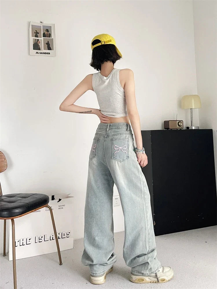 lovwvol Women's Bow Embroidered Thin Jeans Street Summer New Trousers Young Girl Street Bottoms Female High Waisted Denim Pants