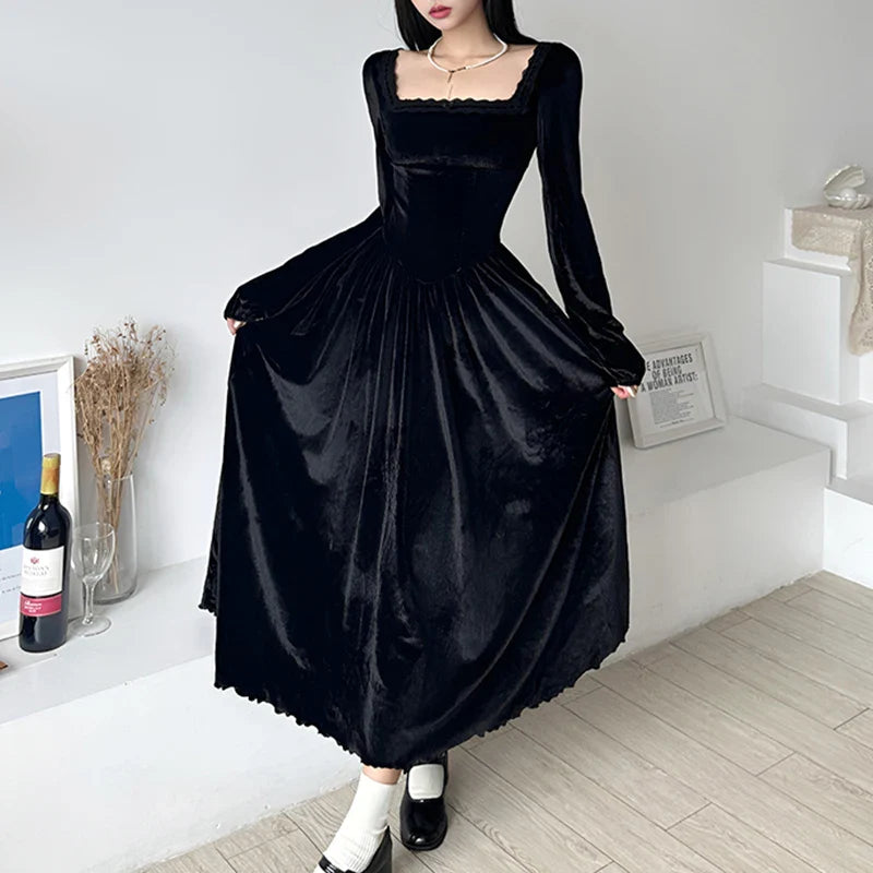 lovwvol Square Neck Lace Trim Black Velour Autumn Dress A-Line Korean Fashion Fold Corset Long Dress Elegant Party Birthday