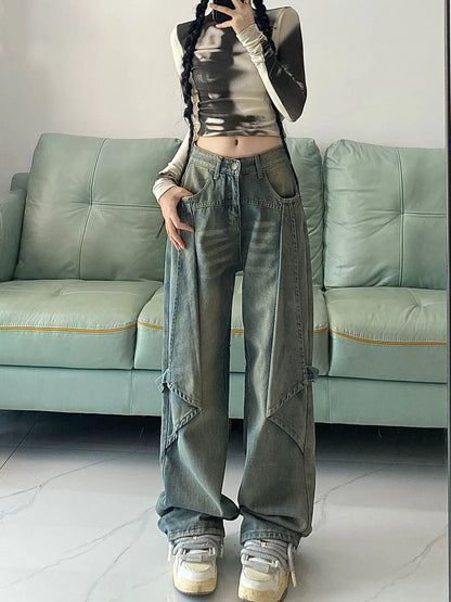 lovwvol Y2k Vintage Jeans Women High Waist Loose Straight Pants Spring Blue Spliced Casual Streetwear Fashion Denim Wide Leg Pants