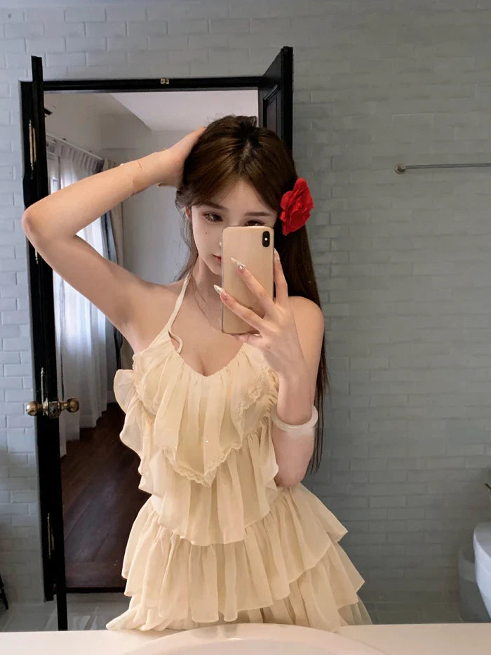 lovwvol 2024 New Solid Sweet Y2k Mini Dress Beach Chiffon Sexy Sleeveless French Elegant Dress Casuasl One Piece Dress Korean Fashion