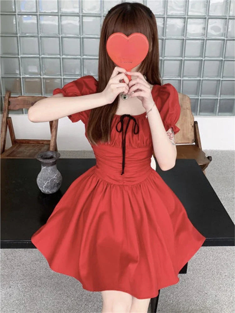 lovwvol Red Puff Sleeve Dresses Women Mini Summer Temper Hotsweet Girlish Kawaii Clothes Folds Vestidos Vintage Korean Trendy Streetwear