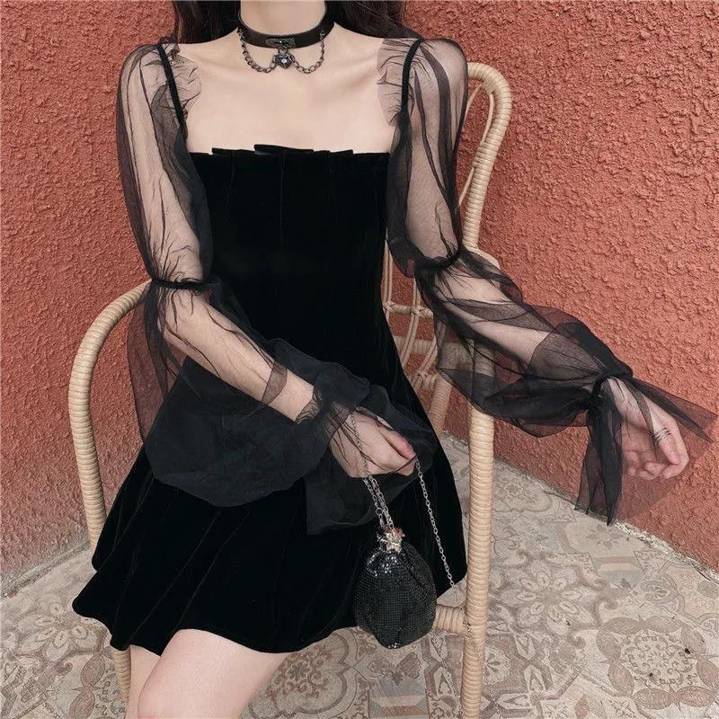 lovwvol Gothic Sexy Dress Vintage Off Shoulder Lantern Sleeve Mesh Patchwork Mini Dress Dark Street Black Dress Female