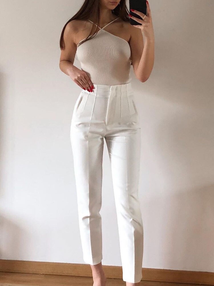 2023 Women Fashion Side Pockets Skinny Leggings Pants Vintage High Waist Zipper Fly Female Ankle