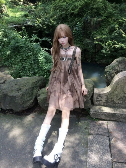 lovwvol   Vintage Y2k Cyber Punk Mini Brown Dress Women Grunge Korean Style Spaghetti Strap Dresses Harajuku Print Tulle Vestidos