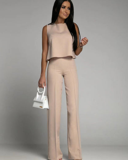 lovwvol Summer Women Fashion O Neck Ruffled Top Trousers Suit Elegant Solid Color Suit Sleeveless Top High Waist Trousers Two Piece Set