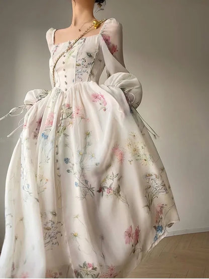 French Elegant Floral Party Dress Romantic One Piece Fairy Beach Dresses Woman Lantern Sleeve Evening Prom Vestidos  Summer