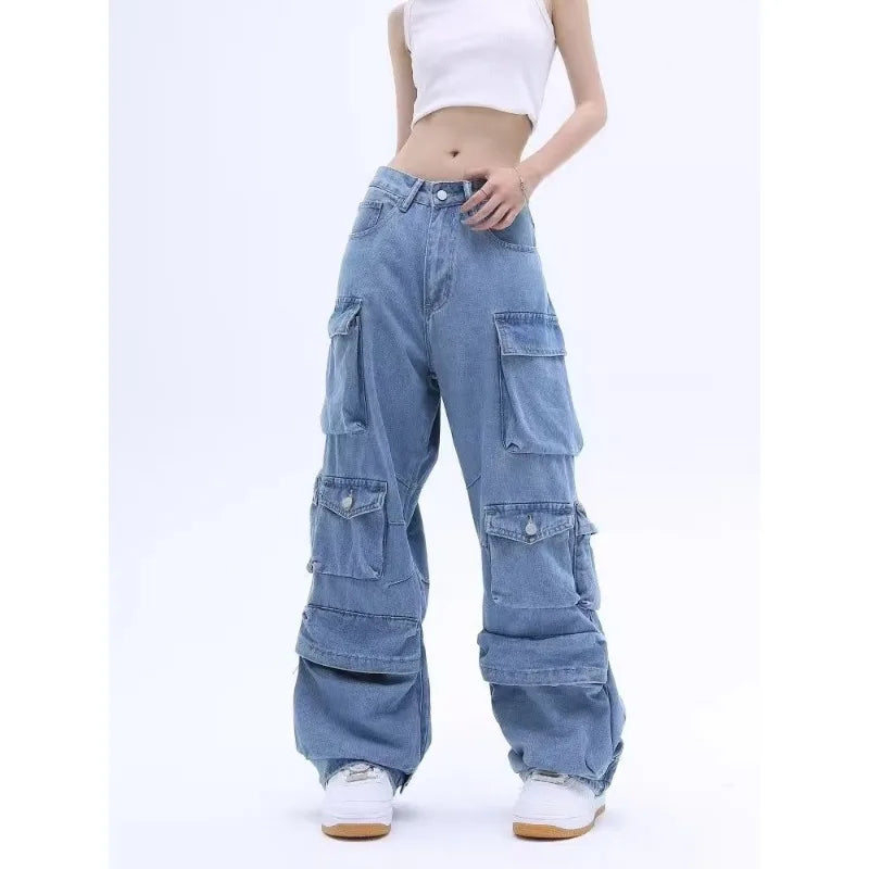 lovwvol Multi-Pocket Blue Washed Jeans Cargo Pants Y2k Retro Streetwear Fashion High Waist Jeans Couple Harajuku Casual Wide Leg Pants