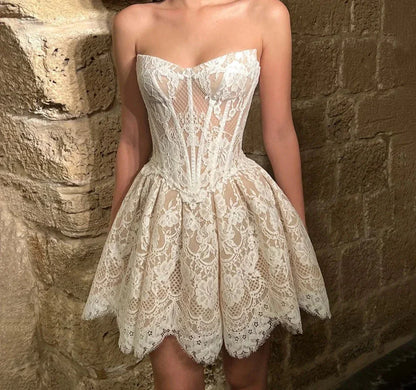 lovwvol Ivory Lace Short Wedding Party Dresses Sleeveless A-Line Brides Cocktail Dress for Women Bridals Gowns