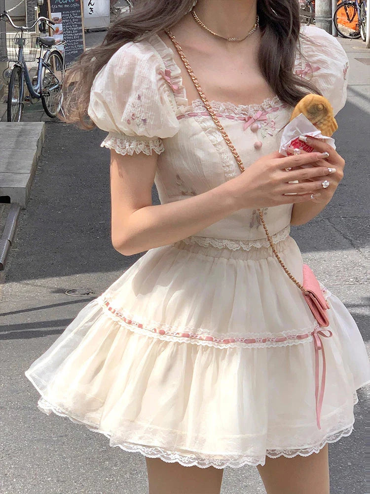 lovwvol Japanese Lace Sweet Two Piece Set Women Chiffon Elegant Party Mini Skirt Suit Female Puff Sleeve Blouse + Kawaii Lolita Skirt