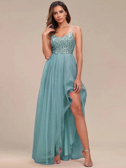 Elegant Evening Dresses Spaghetti Straps Asymmetric Sequin Tulle Floor-Length  Ever Pretty of Pink Bridesmaid dresses