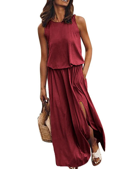 lovwvol Summer Solid Long Dress Women Casual Sleeveless Elastic Waist Side Slit Maxi Dresses Female O-Neck Loose Tank Dress Sundress