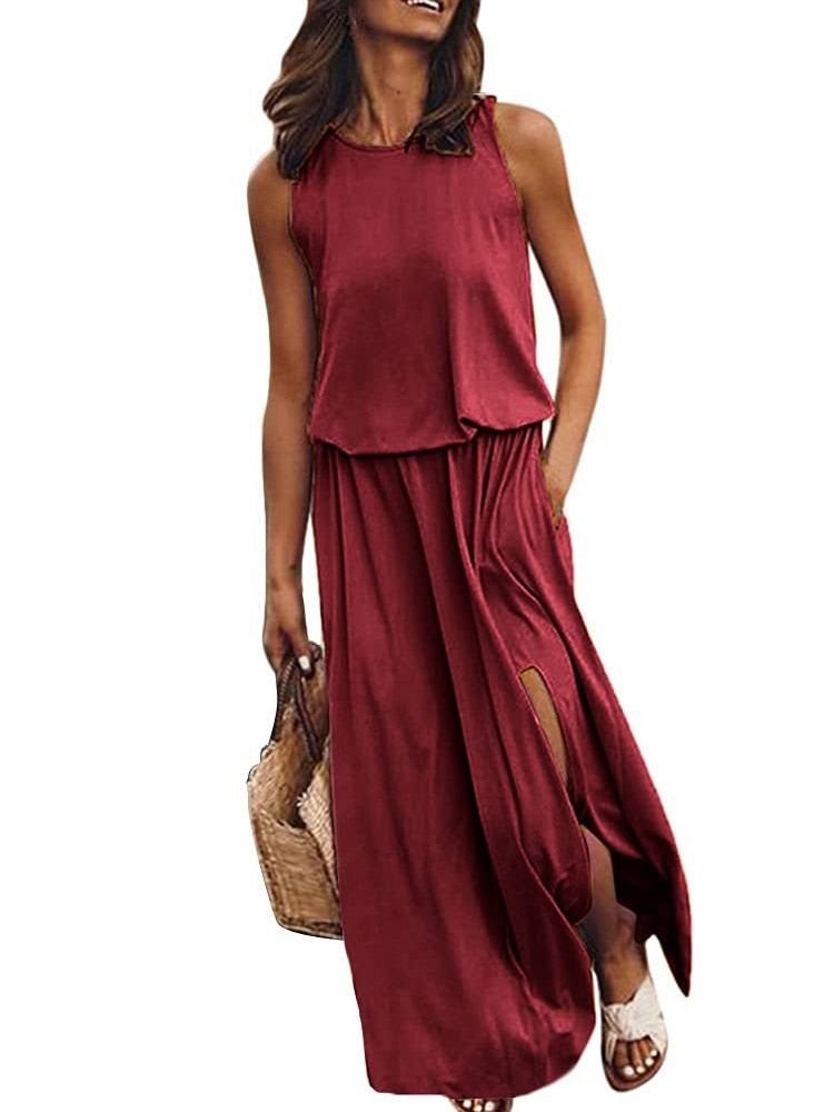 lovwvol lovwvol Summer Solid Long Dress Women Casual Sleeveless Elastic Waist Side Slit Maxi Dresses Female O-Neck Loose Tank Dress Sundress