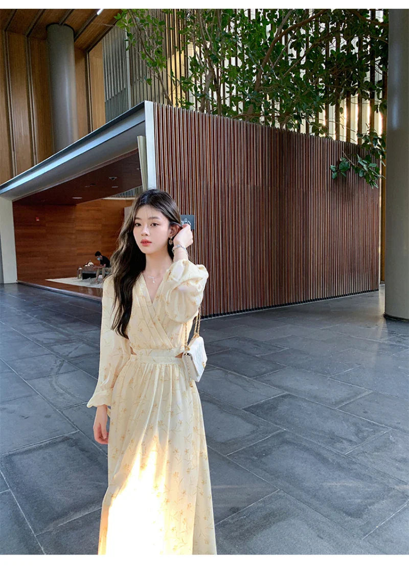 lovwvol Summer Elegant Floral Midi Dresses Women Beach Casual Long Sleeve Vintage V-Neck Casual Office Lady One Piece Korea Style Dress