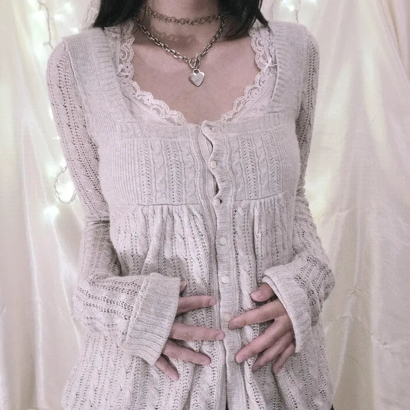 Coquette Grunge Y2K 00s Vintage Sweater Single Breasted Long Sleeve Cardigan 00s Aesthetic Kawaii Knitwear T-shirt Women Clothes