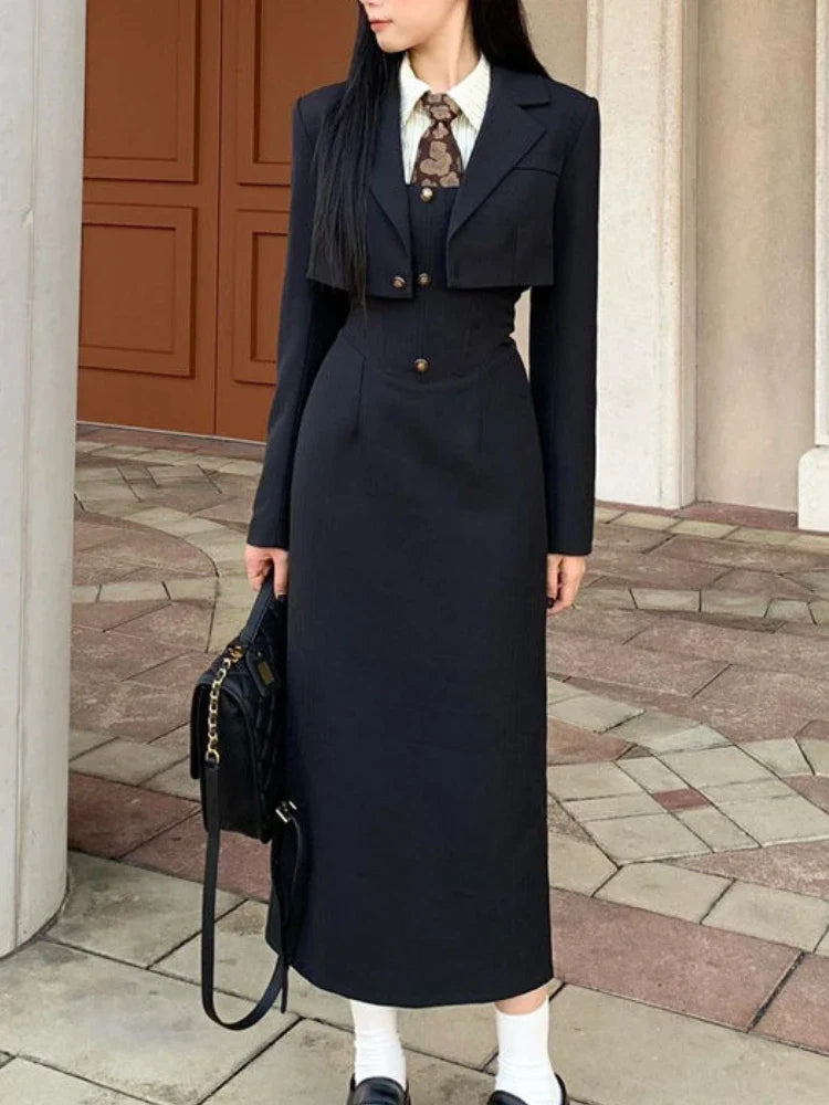 lovwvol British Style 3 Piece Dress Set Women Long Sleeve Sweet Coat + White Shirt + Long Slim Skirt Winter Elegant Casual Black Suit