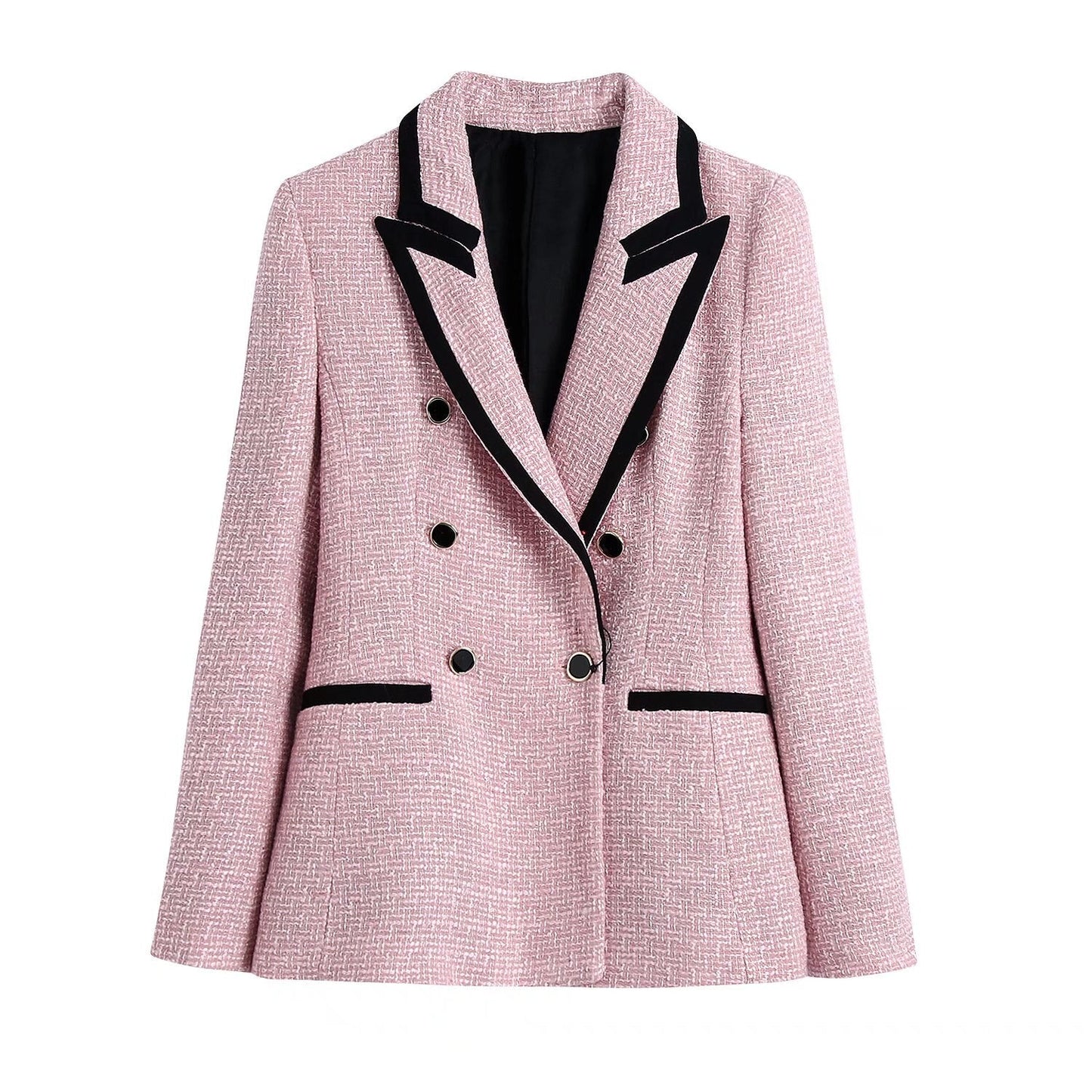 Women Fashion Double Breasted Houndstooth Blazer Coat Vintage Long Sleeve Flap Pockets Female Outerwear Chic Vestes