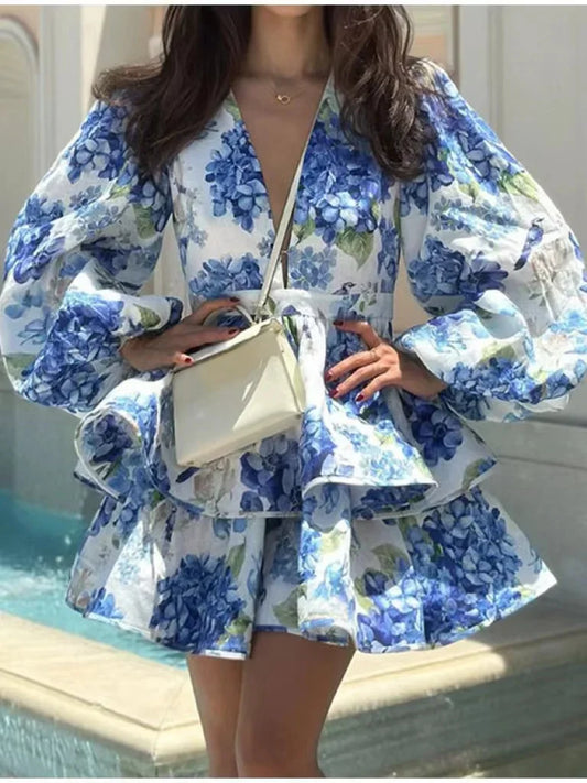 lovwvol  -  Women Elegant Floral Print V-neck Ruffle Mini Dress Summer Sexy Long Sleeved High Waist Vestidos Female Beach Vacation Robe