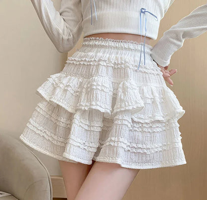 lovwvol Sweet Cute Lace Mini Skirt Women Kawaii White Ruffles Pleated Skirts Summer Korean High Waist Black Casual A Line Skirt