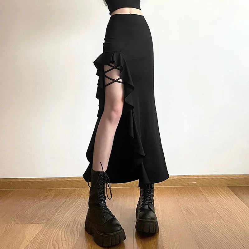 lovwvol Gothic Black High Waist Bodycon Mid Skirt E-Girl Punk Ruffles Split A-Line Skirts Y2K Fashion Women Streetwear Bottoms