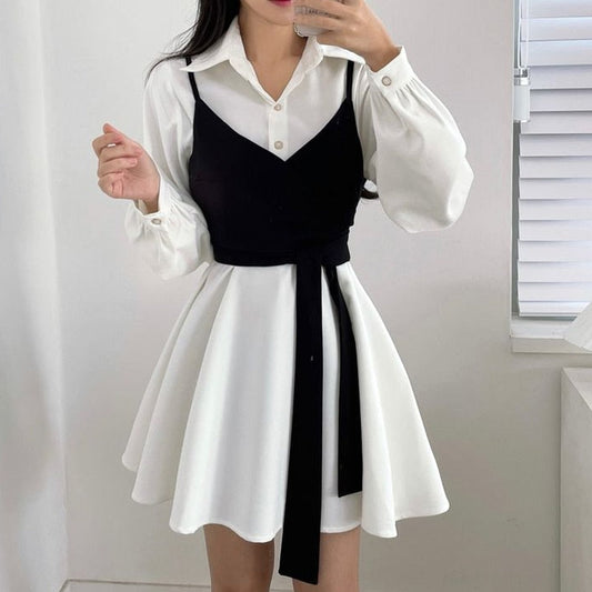 lovwvol Korean Chic Wrap-around Vest Sling Outdoor + Irregular Puff Sleeve Dress Women's Summer Two-piece Set Midi Dress