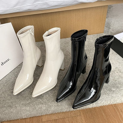 New Riding Boots High Heel Single Boots Pointed Toe Patent Leather Side Zip Fashion Boots Women's Stovepipe Single Boots