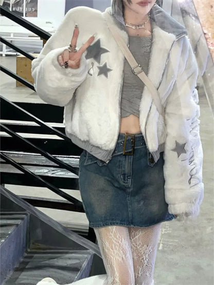 Harajuku Cropped Jacket Women Autumn Winter Vintage Zipper Fluffy Coat Y2k Aesthetic Star Embroidery Faux Fur Jackets