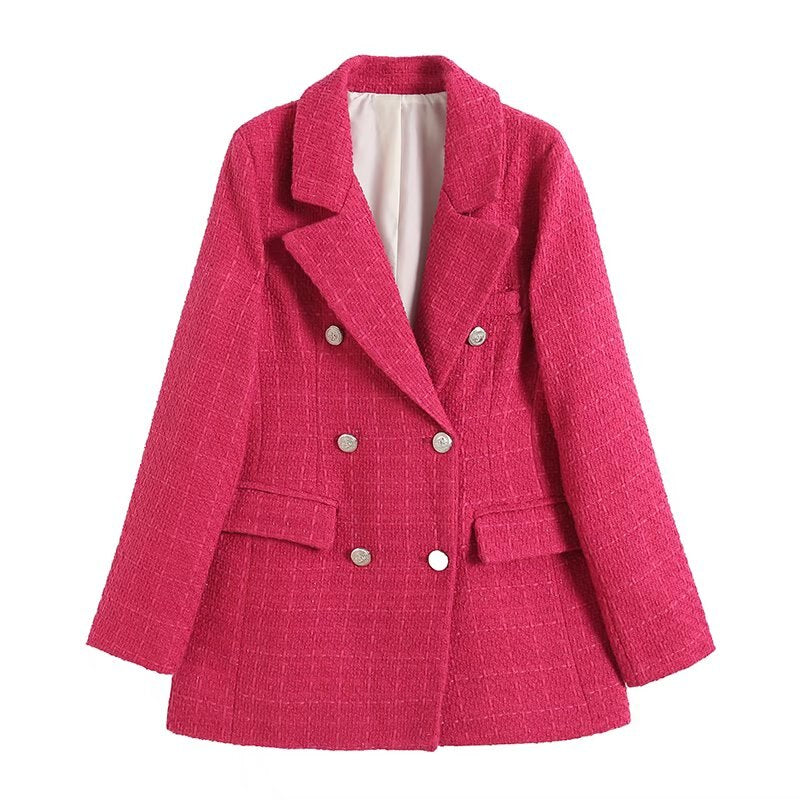 Women Fashion Double Breasted Houndstooth Blazer Coat Vintage Long Sleeve Flap Pockets Female Outerwear Chic Vestes