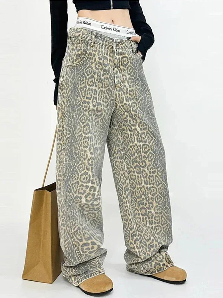 lovwvol   Leopard Jeans Women Denim Pants Female Oversize Wide Leg Trousers Streetwear Hip Hop Vintage Clothes Loose Casual