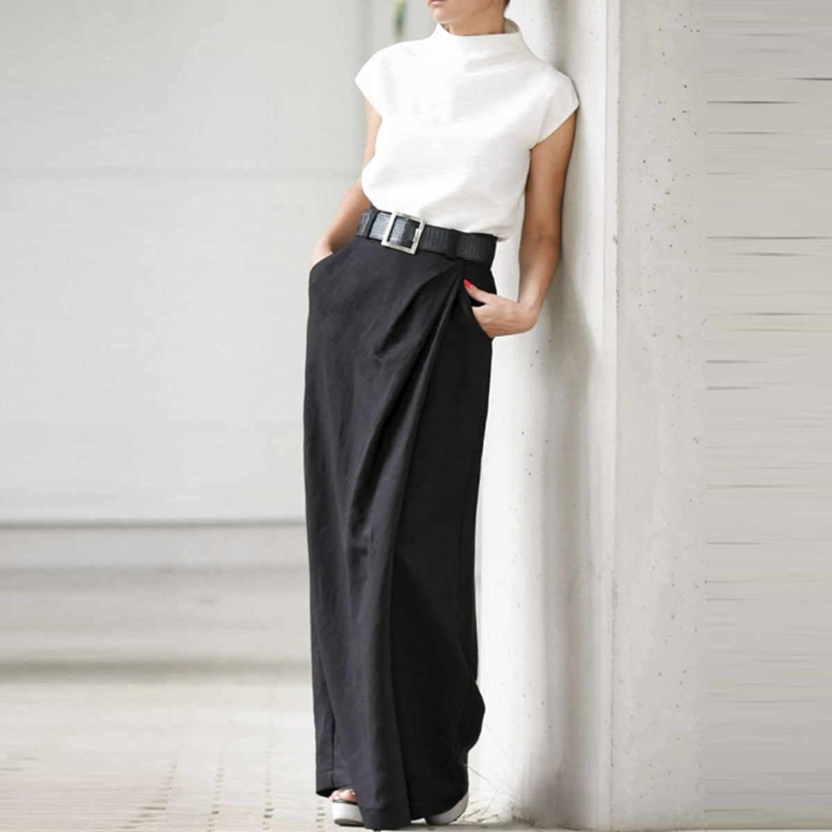 Spring Female Fashion Elegant Original Solid Color White Black Simple Loose Solid Color Wide Leg Pants for Women