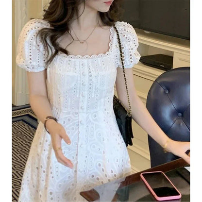 lovwvol   Elegant White Dress Women Korean Hollow Out A Line Midi Dresses Summer Sweet Vintage Puff Short Sleeve Slim Chic Vestidos