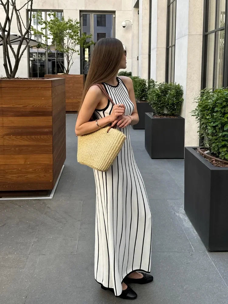 lovwvol Women Stripe Print Patchwork Knitted Maxi Dress Fashion O Neck Sleeveless Bodycon Dresses 2024 New Lady High Street Vestidos