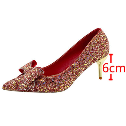 lovwvol Shiny Sequins High Heels Pumps Women 2023 New Crystal Bowtie Thin Heeled Wedding Party Shoes Woman Luxury Pointed Toe Red Pumps