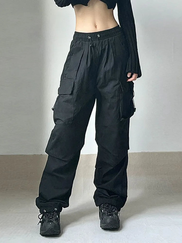 lovwvol Women Oversized Cargo Parachute Pants Y2k Vintage Streetwear High Waist Joggers Hippie Baggy Harajuku Wide Leg Sweatpants