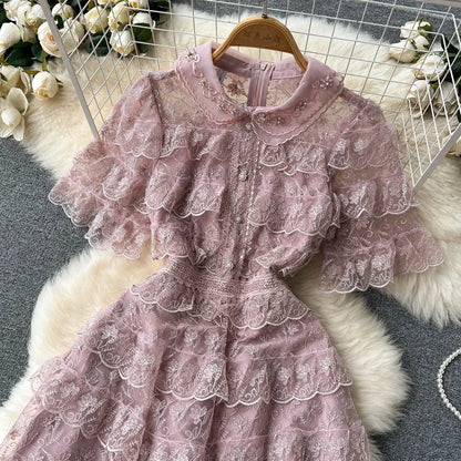 lovwvol New Summer Pink Lace Embroidery Mini Dress Female Short Sleeve High Waist Ruffles Elegant Runway Cascading Vestidos