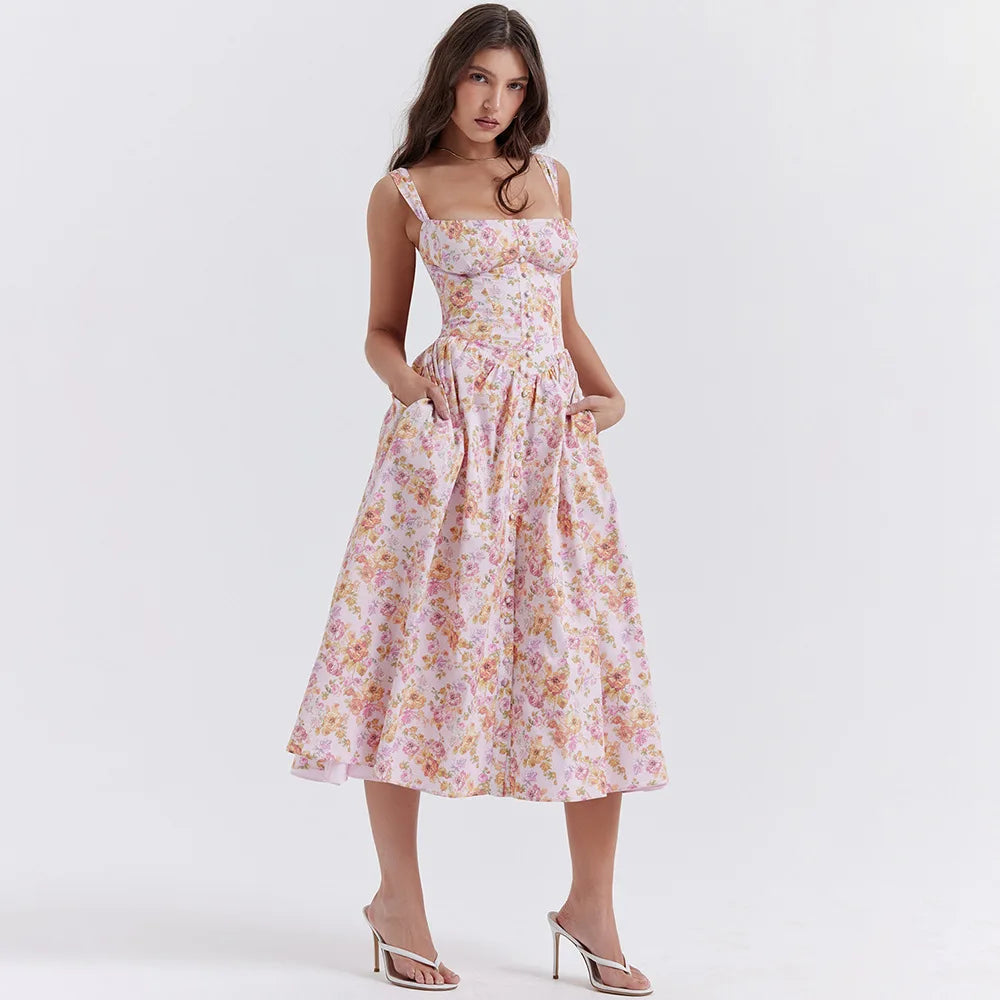 lovwvol Summer Elegant Floral Print Midi Holiday Dress with Pocket Yellow Back Lace Up Party Dresses Casual Women Dress