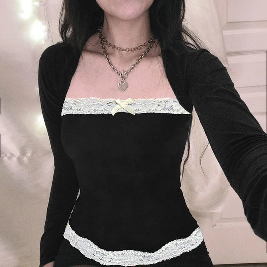 lovwvol   Lace Trim Suqare Collar T-shirt Korean Grunge Long Sleeve Slim Fit Tees Cottage Y2K Aesthetic Retro Milkmaid Crop Top