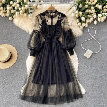 Ladies Dress Three-dimensional Flower Hook Mesh Temperament Stand Collar Lantern Sleeve High Waist Slim Female Dresses