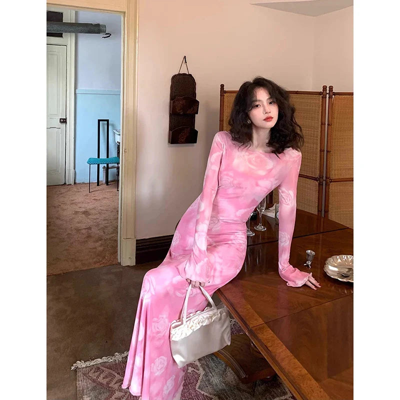 Korean Vintage Prints Pink Midi Dresses for Women Autumn Spring New Elegant Party Sexy Long Sleeves Female Clothing